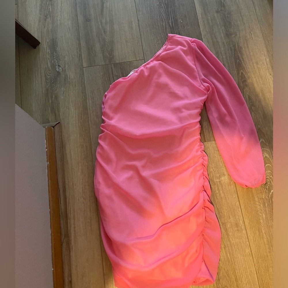 Bubble gum pink one shoulder formal dress